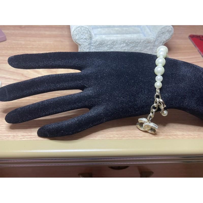 CHANEL 香奈兒 超美  氣質 大小 珍珠 淡金色 二手 水鑽 雙C 造型 手鍊-細節圖7