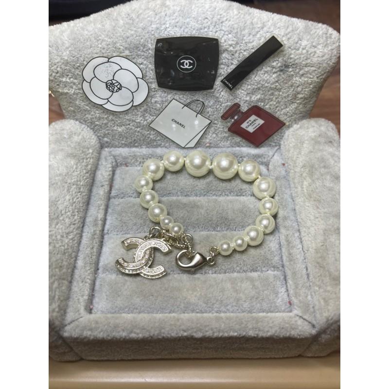 CHANEL 香奈兒 超美  氣質 大小 珍珠 淡金色 二手 水鑽 雙C 造型 手鍊-細節圖8