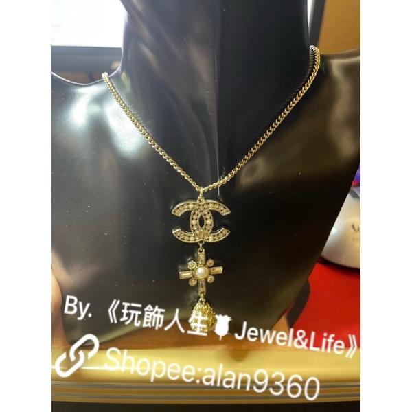 CHANEL 香奈兒 超美 巴洛克 雙C 鏤空 淡金色 二手 水鑽 珍珠 造型 項鍊-細節圖7