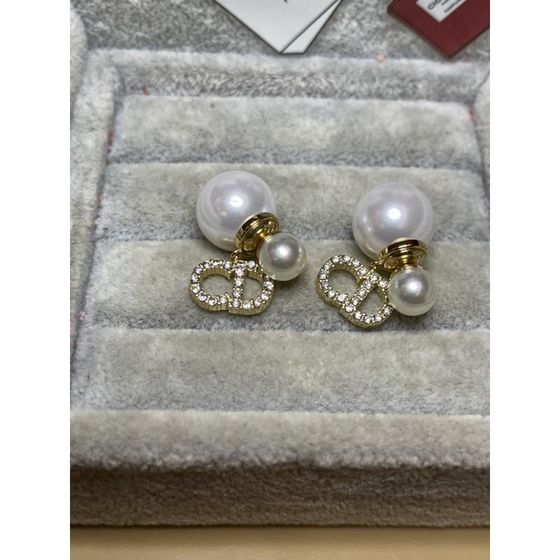 DIOR 超美 二手 基本款 雙珍珠 金色 CD 水鑽 耳環-細節圖2