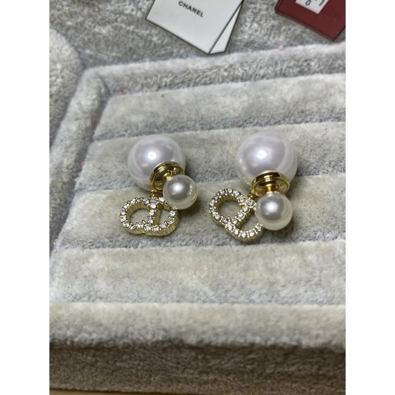 DIOR 超美 二手 基本款 雙珍珠 金色 CD 水鑽 耳環-細節圖3