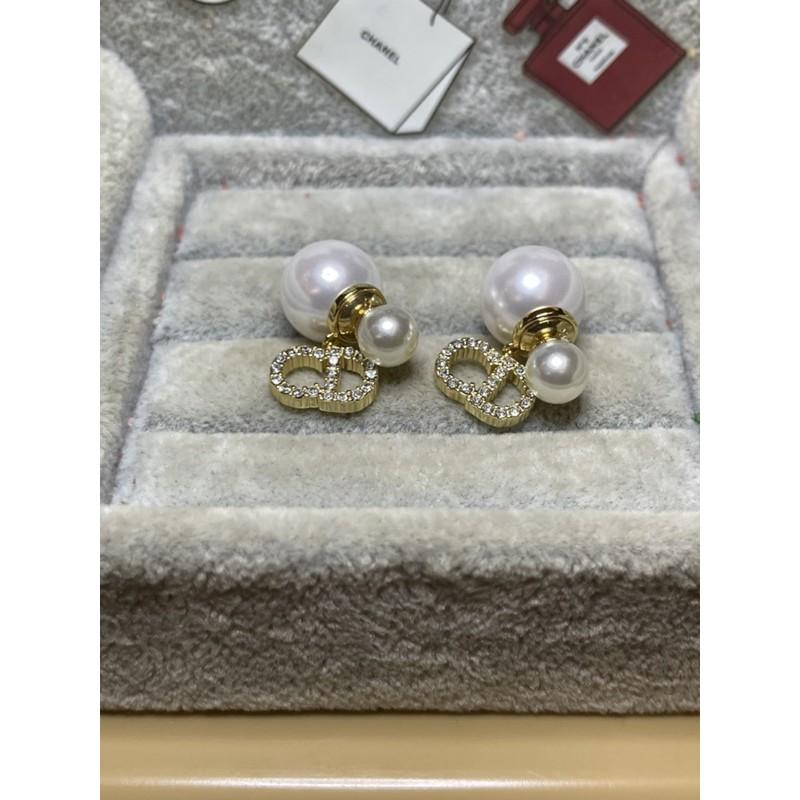 DIOR 超美 二手 基本款 雙珍珠 金色 CD 水鑽 耳環-細節圖4