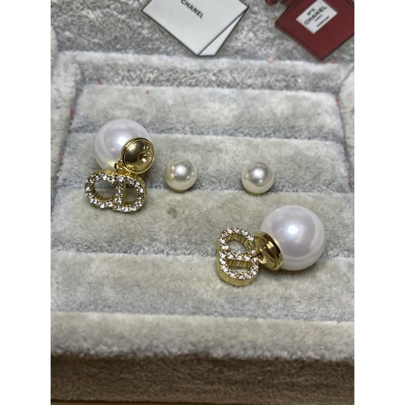 DIOR 超美 二手 基本款 雙珍珠 金色 CD 水鑽 耳環-細節圖5