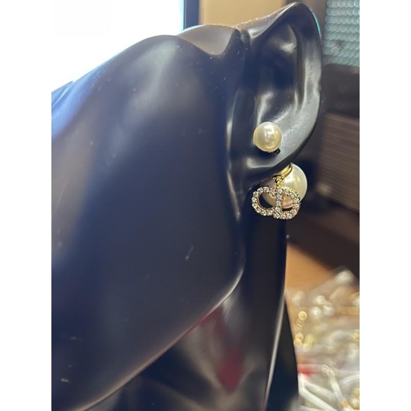 DIOR 超美 二手 基本款 雙珍珠 金色 CD 水鑽 耳環-細節圖6