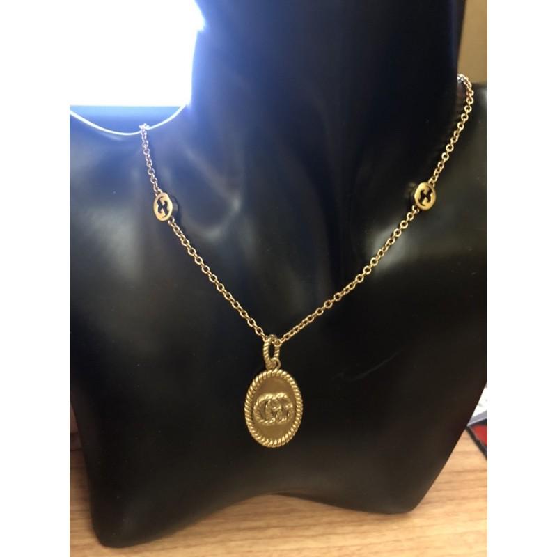 GUCCI 經典 超美  宮廷復古金 橢圓牌 二手 雙G 鎖骨 項鍊-細節圖5