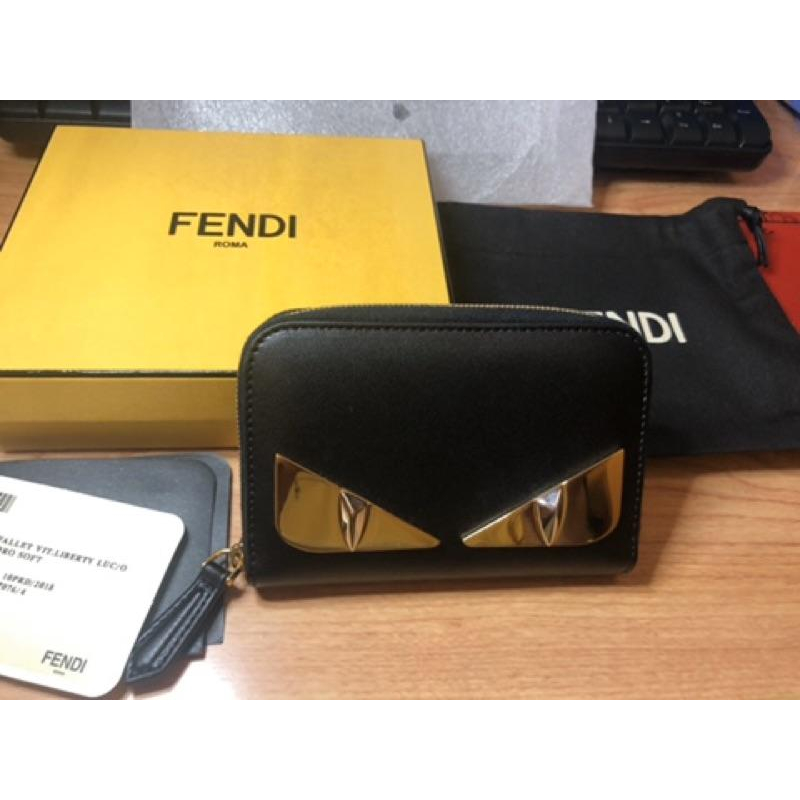 Fendi 牛皮 二手 淡金眼 金屬質感 零錢包 短夾-細節圖2