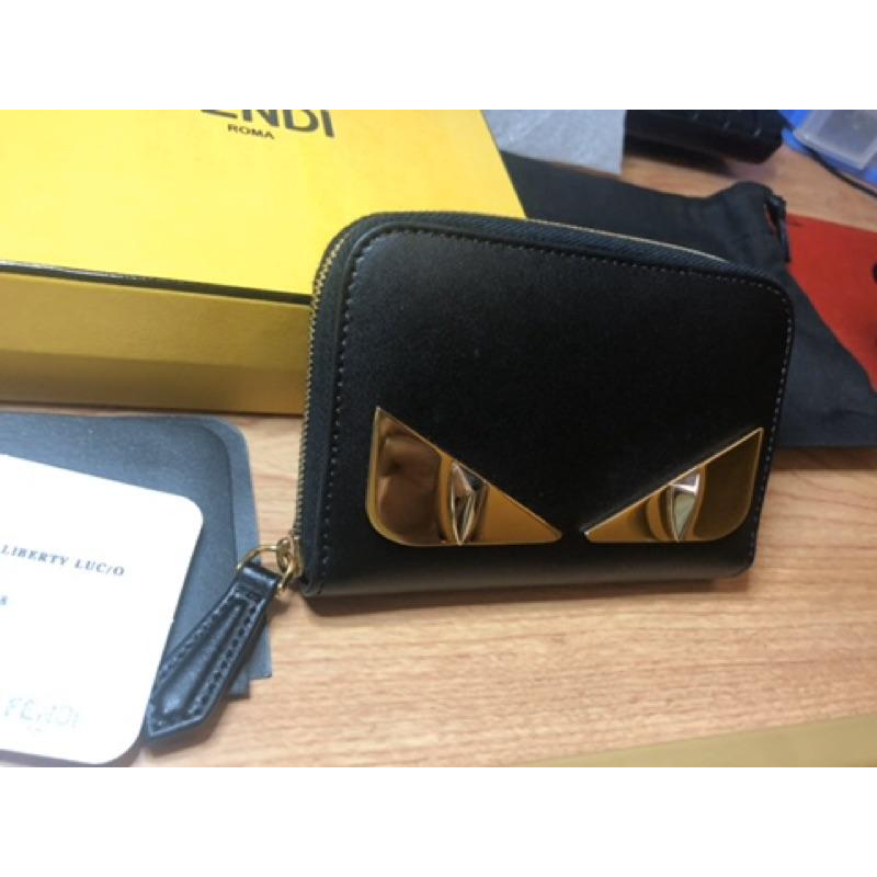 Fendi 牛皮 二手 淡金眼 金屬質感 零錢包 短夾-細節圖3