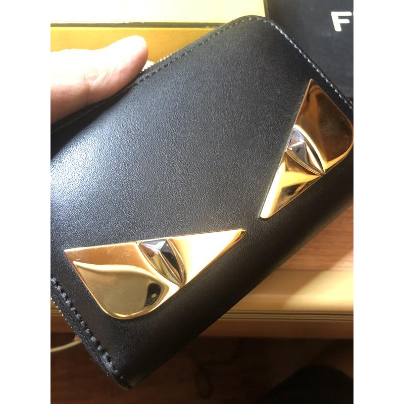 Fendi 牛皮 二手 淡金眼 金屬質感 零錢包 短夾-細節圖7