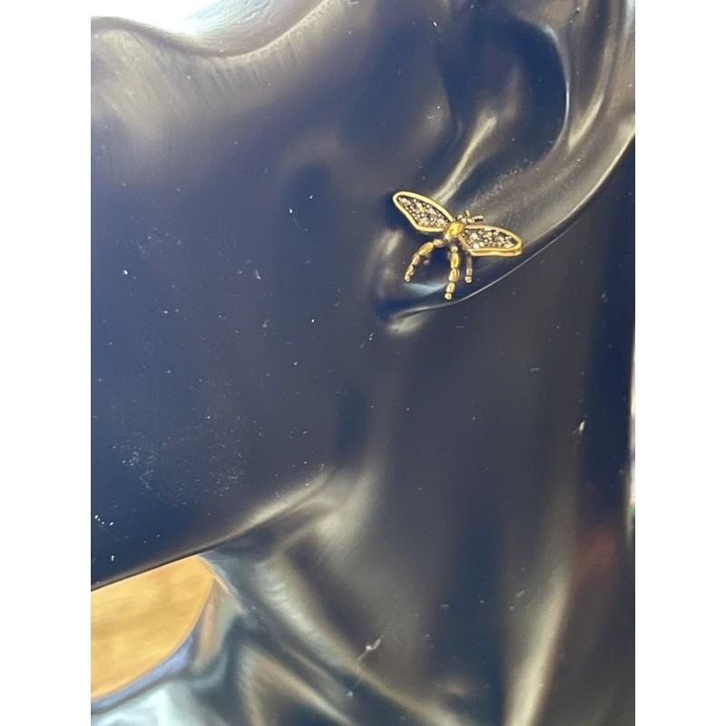 DIOR 超美  復古金色 蜜蜂 JADIOR 不對稱 灰黑水鑽 二手 耳環-細節圖6