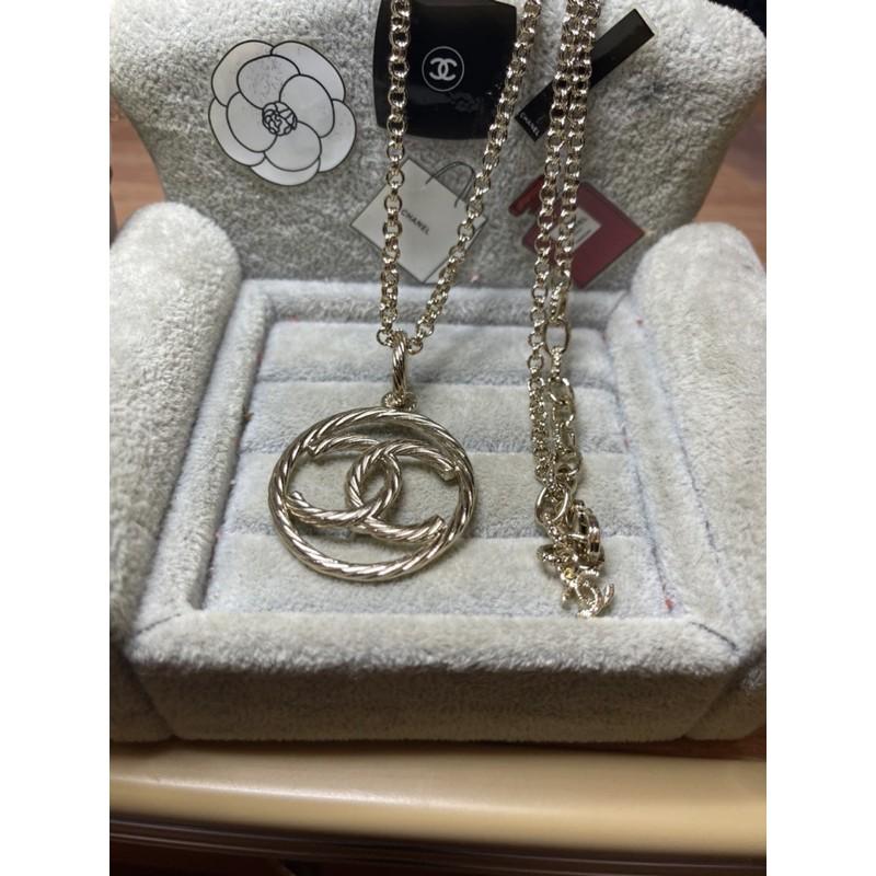CHANEL 香奈兒 超美  淡金 麻花 二手 大圓形 雙C 鏤空 造型 項鍊-細節圖2