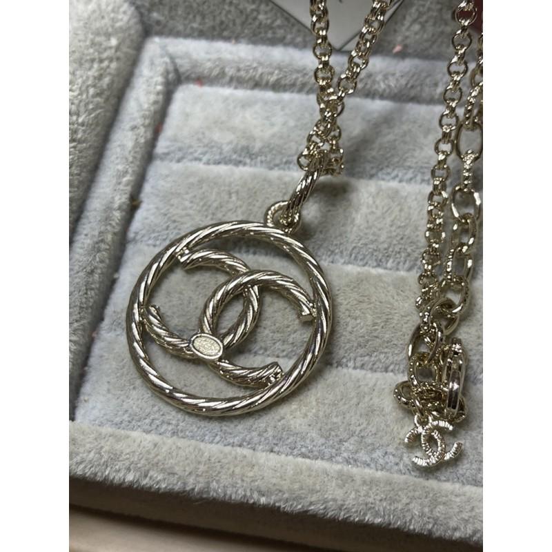 CHANEL 香奈兒 超美  淡金 麻花 二手 大圓形 雙C 鏤空 造型 項鍊-細節圖5