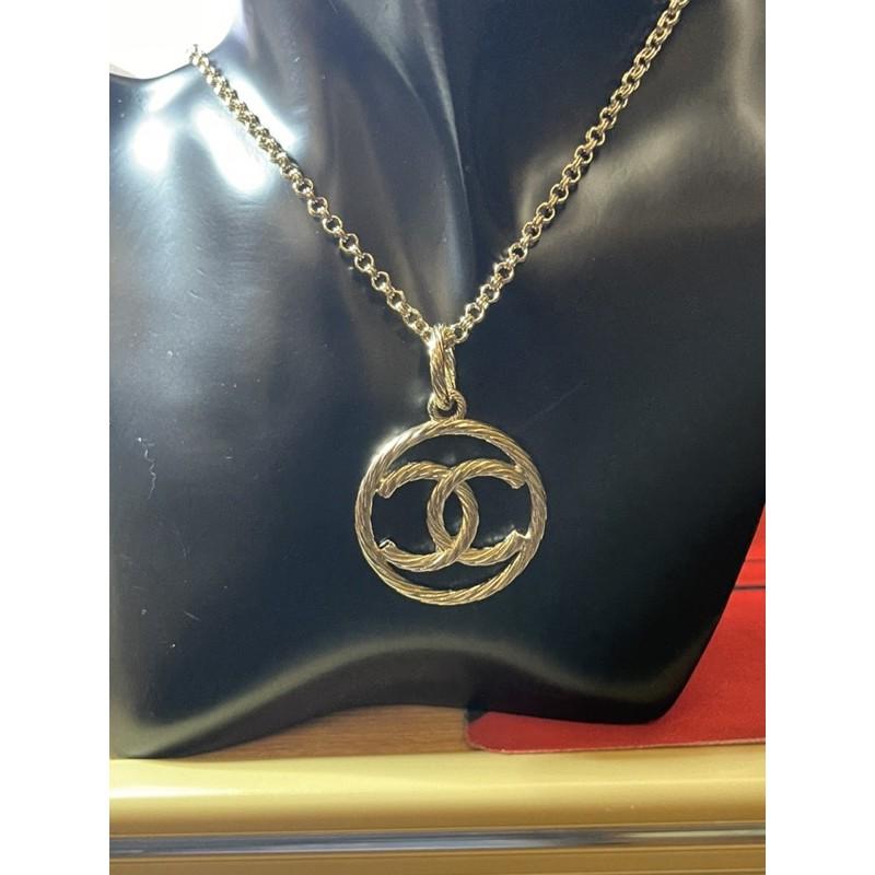 CHANEL 香奈兒 超美  淡金 麻花 二手 大圓形 雙C 鏤空 造型 項鍊-細節圖6