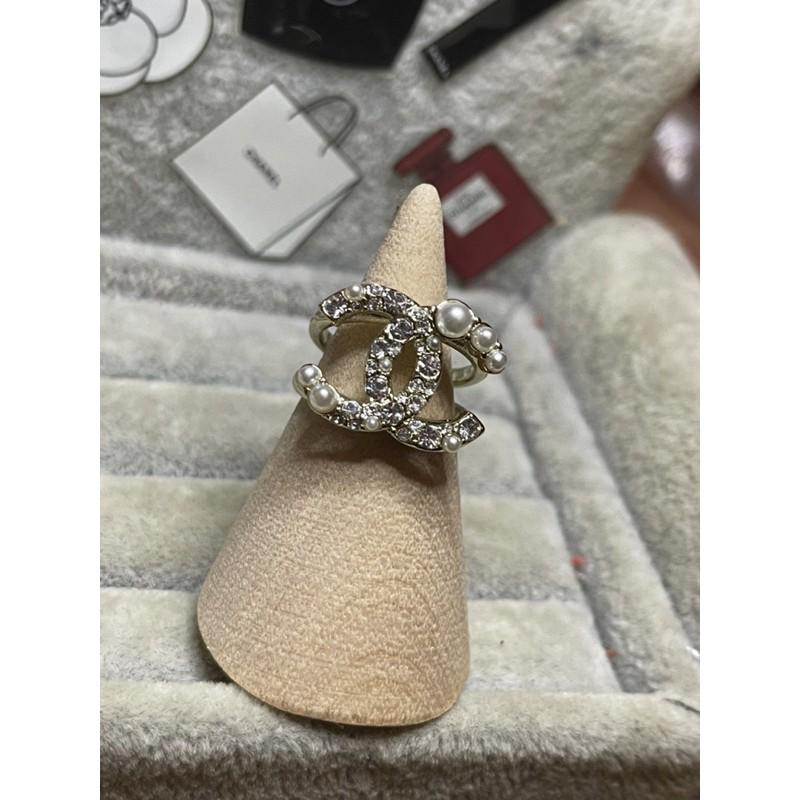 CHANEL 香奈兒 超美 二手 淡金色 水鑽 珍珠 造型 戒指-細節圖2