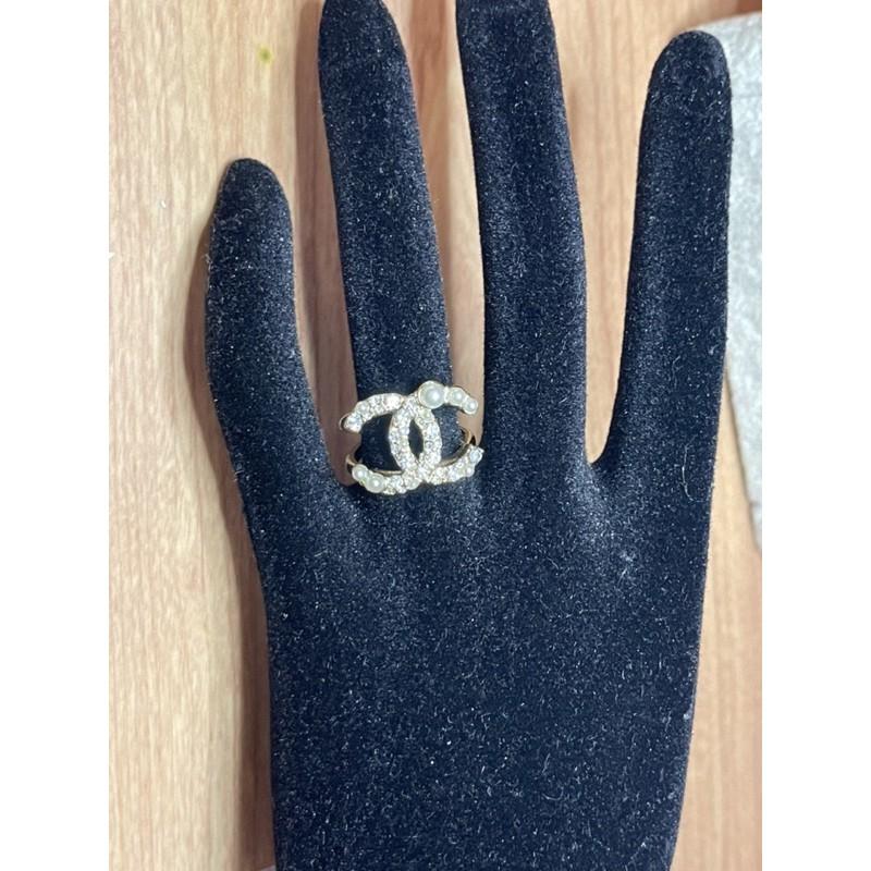 CHANEL 香奈兒 超美 二手 淡金色 水鑽 珍珠 造型 戒指-細節圖6
