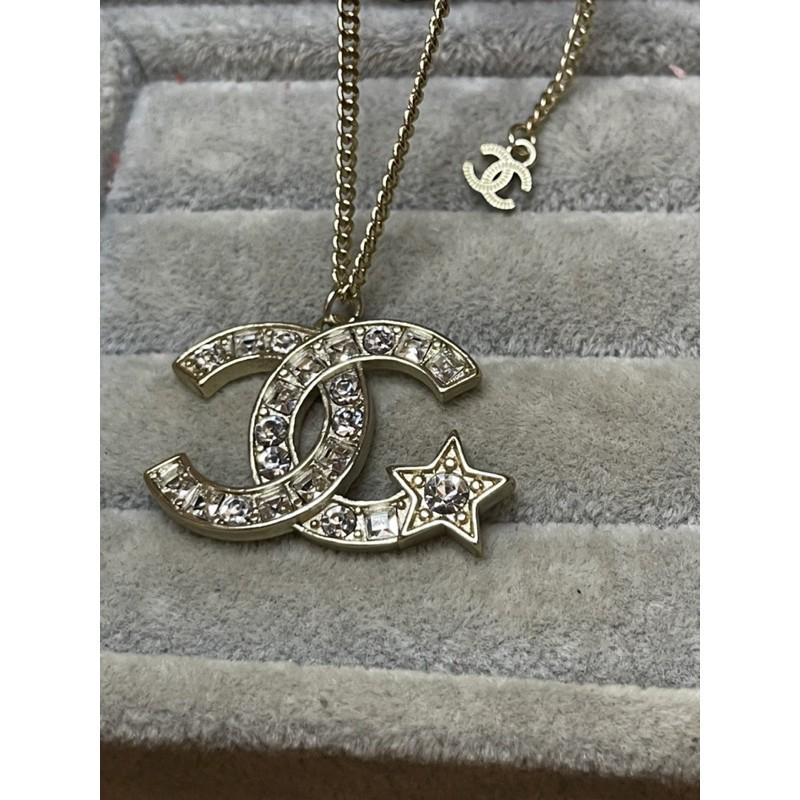 CHANEL 香奈兒 超美  淡金色 五角星 雙C 二手 水鑽 造型 項鍊-細節圖3