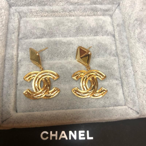 CHANEL 香奈兒 復古金色 大logo 二手 金色菱形切割耳環