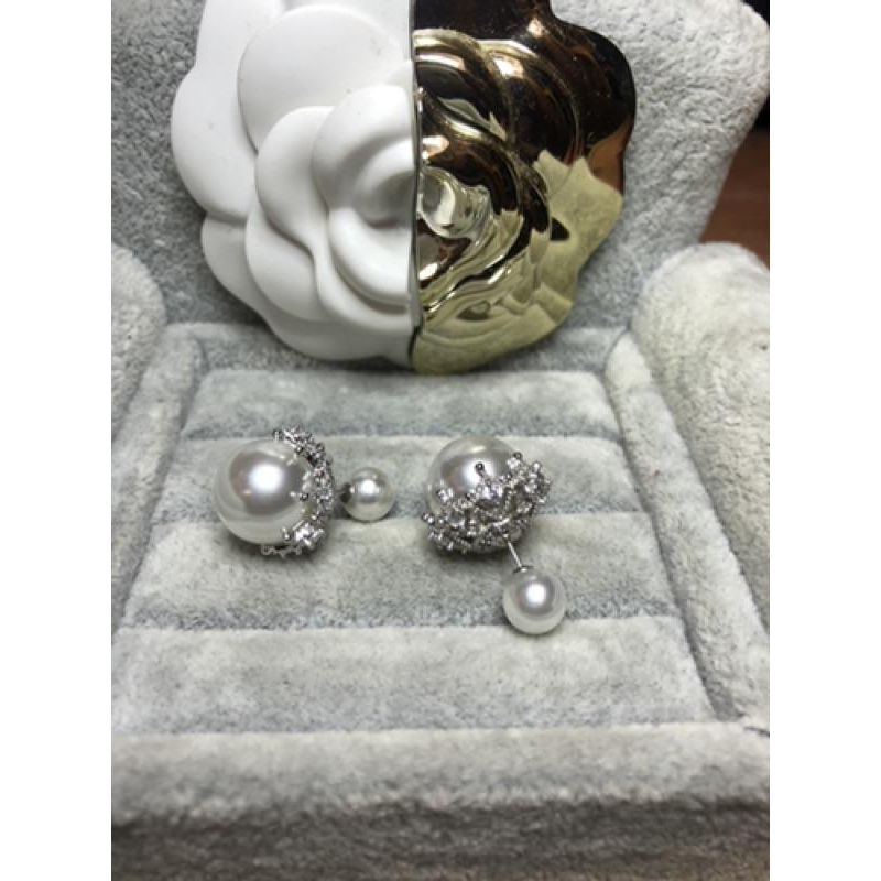 Dior 迪奧  經典 仙女款 銀蕾絲 水鑽 二手 珍珠 耳環-細節圖2