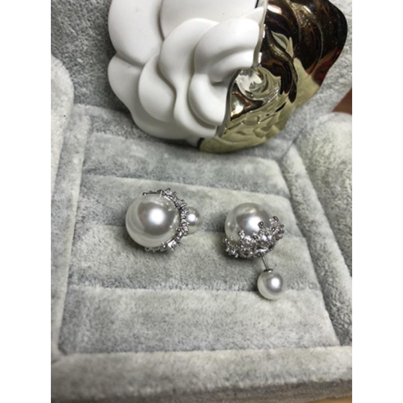 Dior 迪奧  經典 仙女款 銀蕾絲 水鑽 二手 珍珠 耳環-細節圖3