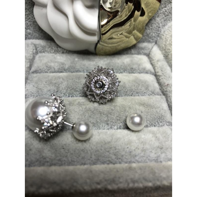 Dior 迪奧  經典 仙女款 銀蕾絲 水鑽 二手 珍珠 耳環-細節圖6