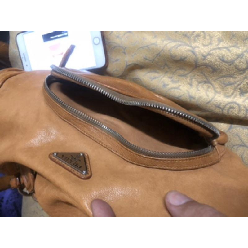PRADA 經典 二手 駝咖啡 牛皮 肩背 手提 斜背 三用包-細節圖6
