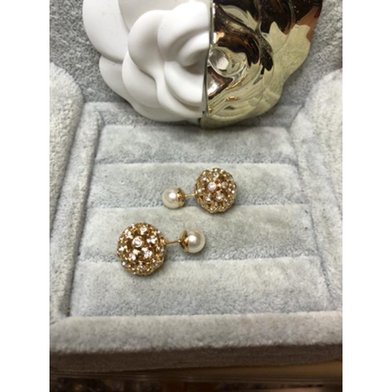 DIOR 經典  圓球 滿鑽 金色 珍珠 二手 耳環-細節圖2