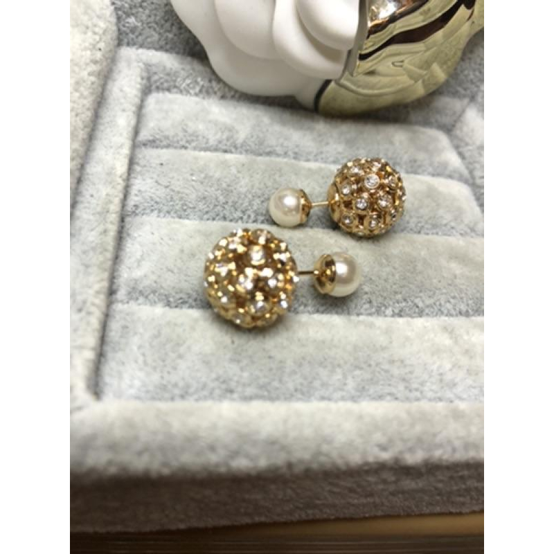 DIOR 經典  圓球 滿鑽 金色 珍珠 二手 耳環-細節圖3