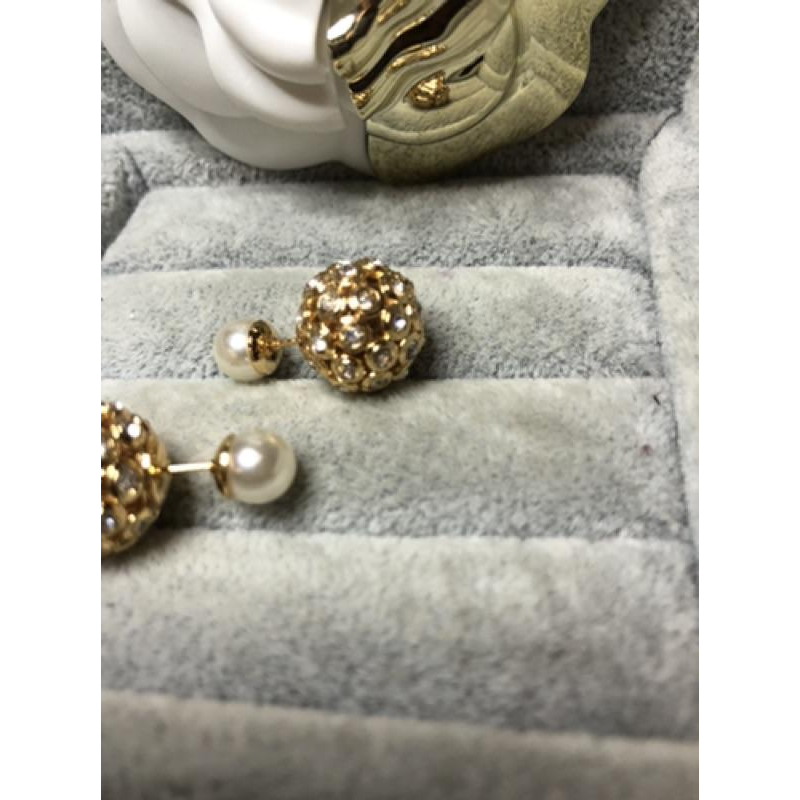 DIOR 經典  圓球 滿鑽 金色 珍珠 二手 耳環-細節圖4