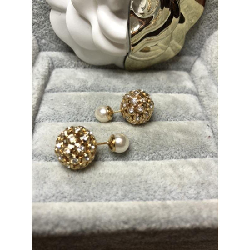 DIOR 經典  圓球 滿鑽 金色 珍珠 二手 耳環-細節圖5