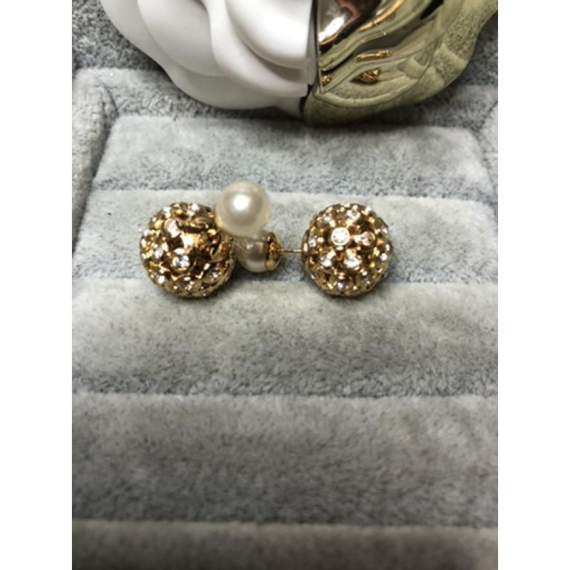 DIOR 經典  圓球 滿鑽 金色 珍珠 二手 耳環-細節圖6