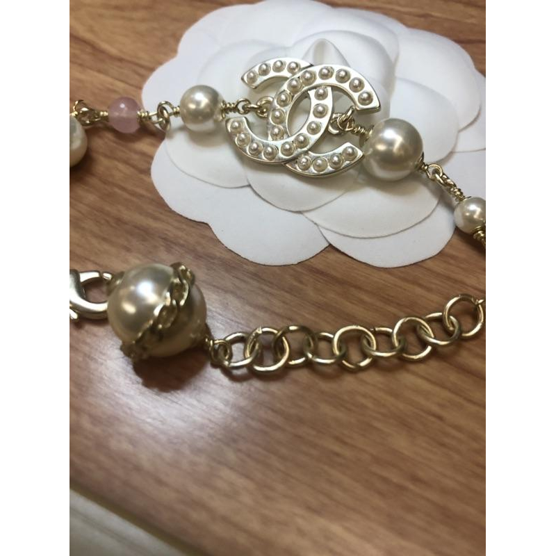 Chanel  香奈兒 粉金色 珍珠 雙C 二手 造型 手鍊-細節圖5