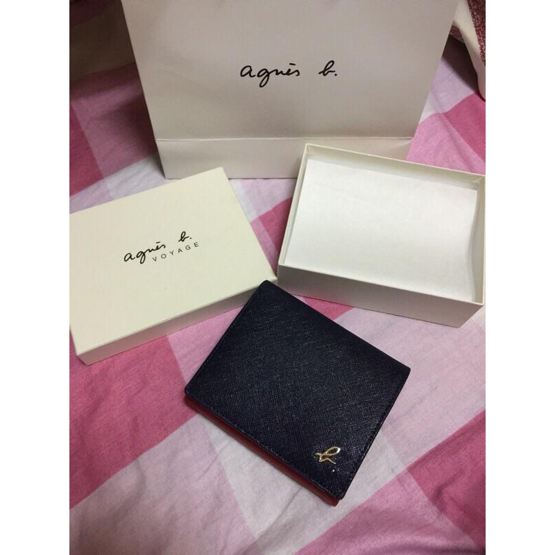 Agnes b 小b 💯 正品，深藍x紅混搭防刮牛皮經典Logo短夾-細節圖4