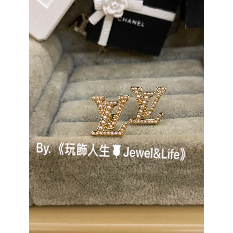 Louis Vuitton LV 經典 基本款 金色 珍珠 Logo 二手 造型 耳環-細節圖2