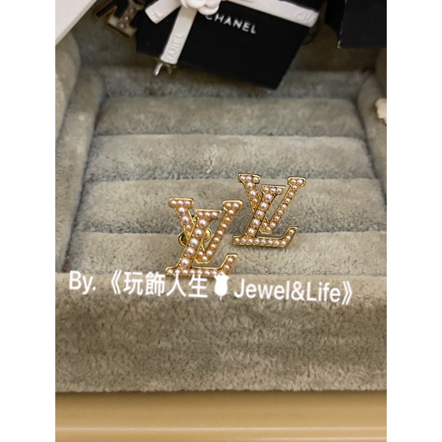 Louis Vuitton LV 經典 基本款 金色 珍珠 Logo 二手 造型 耳環-細節圖3