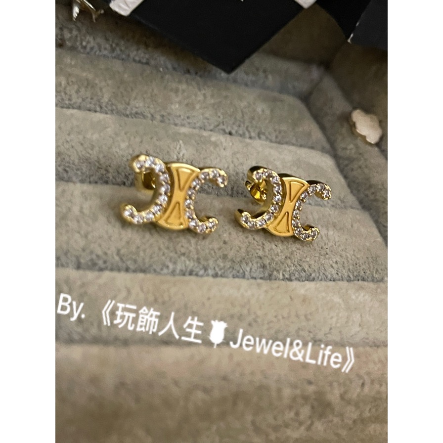 品牌經典 穿搭💯 基本款 凱旋門 LOGO 水鑽 金色 二手 造型 耳環-細節圖6