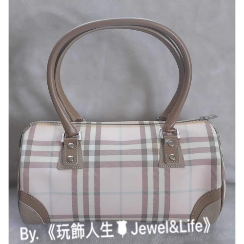 BURBERRY 經典 pvc 格紋 粉 卡其 圓筒 牛皮飾邊 二手 手提包