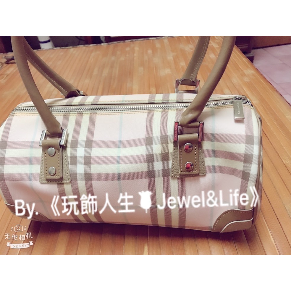 BURBERRY 經典 pvc 格紋 粉 卡其 圓筒 牛皮飾邊 二手 手提包-細節圖2