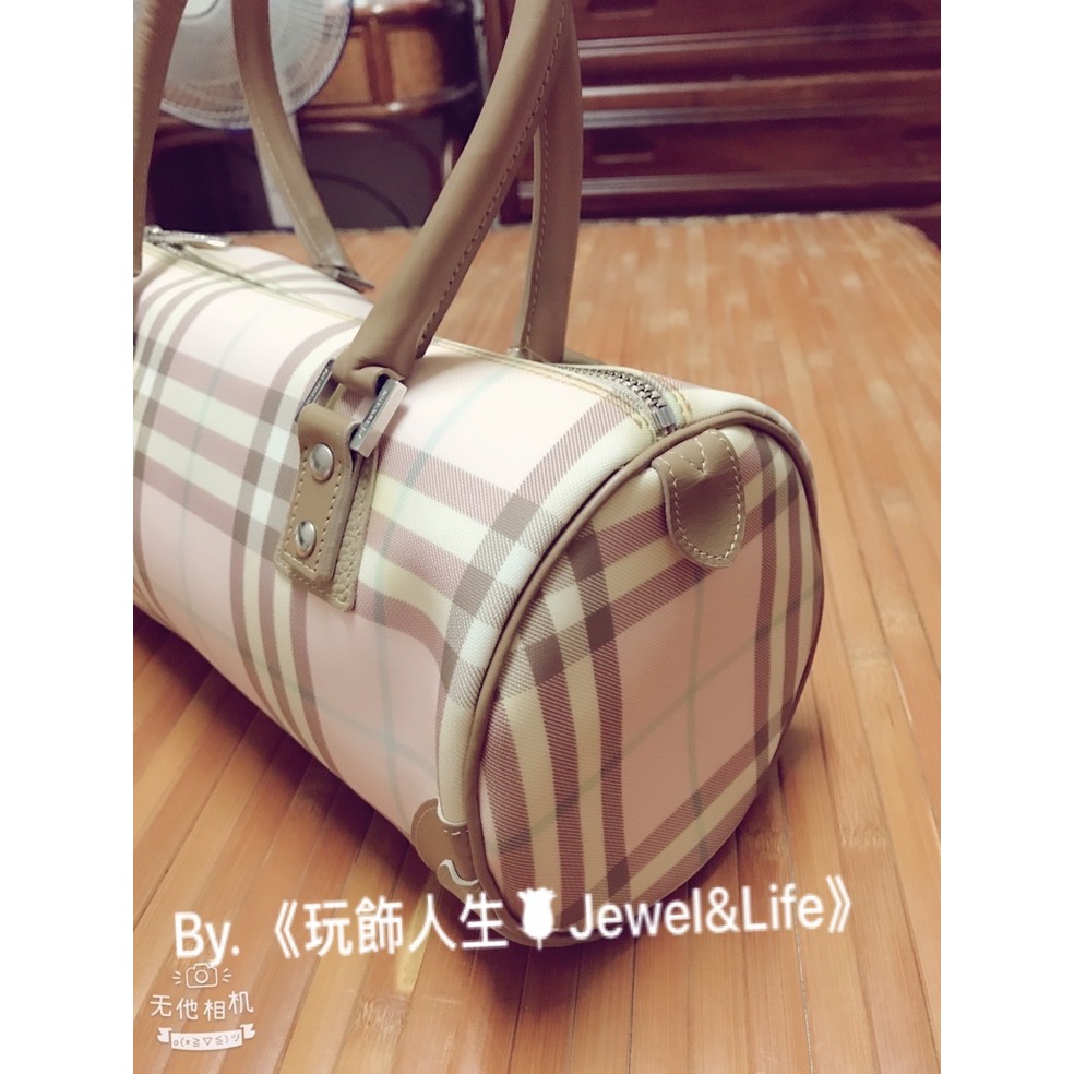BURBERRY 經典 pvc 格紋 粉 卡其 圓筒 牛皮飾邊 二手 手提包-細節圖3