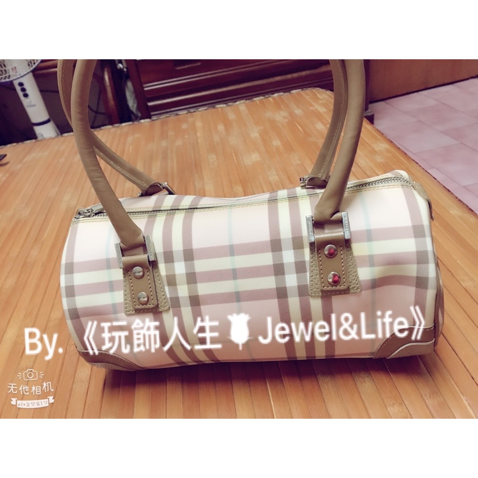 BURBERRY 經典 pvc 格紋 粉 卡其 圓筒 牛皮飾邊 二手 手提包-細節圖4
