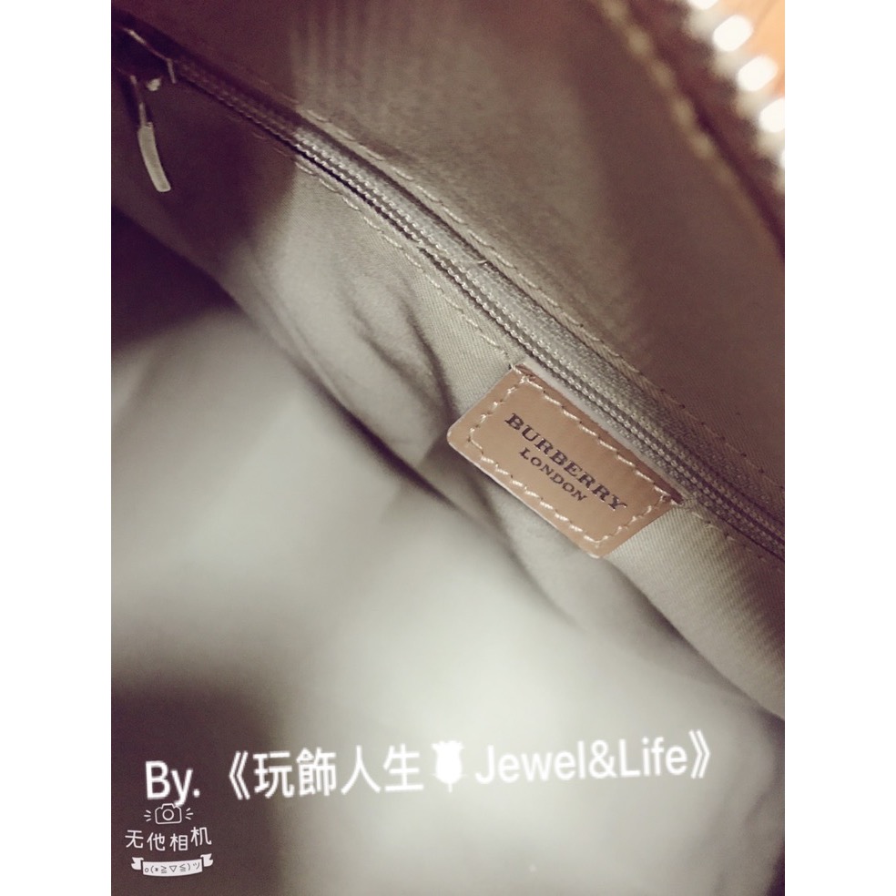 BURBERRY 經典 pvc 格紋 粉 卡其 圓筒 牛皮飾邊 二手 手提包-細節圖5