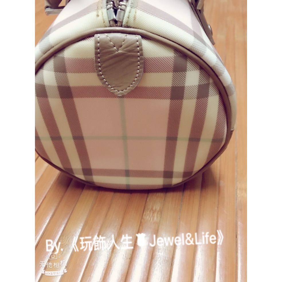 BURBERRY 經典 pvc 格紋 粉 卡其 圓筒 牛皮飾邊 二手 手提包-細節圖6