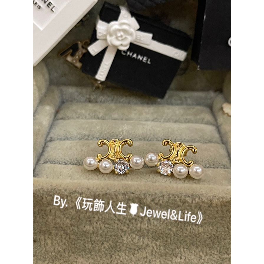 品牌經典💯CELINE 凱旋門 LOGO 扇形 水鑽 珍珠 迷你 金色 二手 造型 耳環