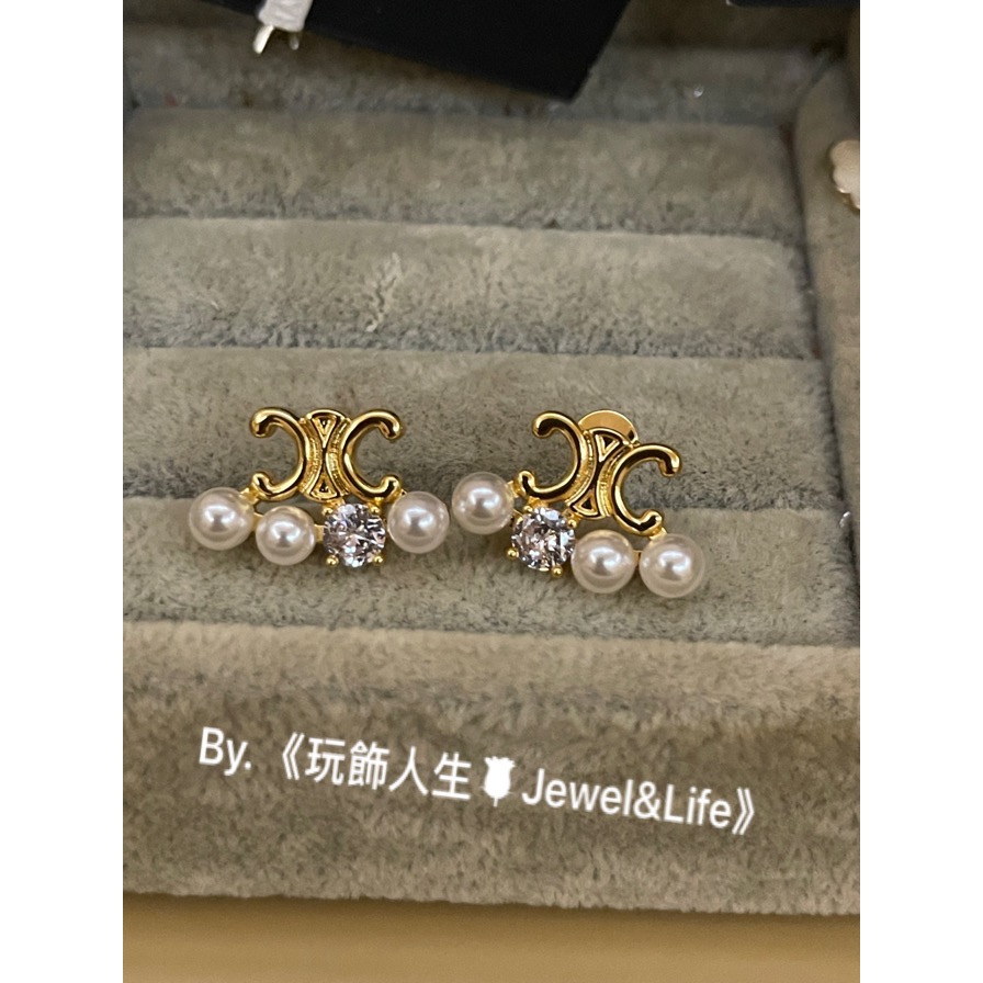 品牌經典💯CELINE 凱旋門 LOGO 扇形 水鑽 珍珠 迷你 金色 二手 造型 耳環-細節圖5