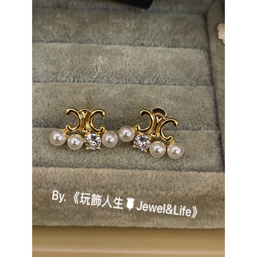 品牌經典💯CELINE 凱旋門 LOGO 扇形 水鑽 珍珠 迷你 金色 二手 造型 耳環-細節圖6