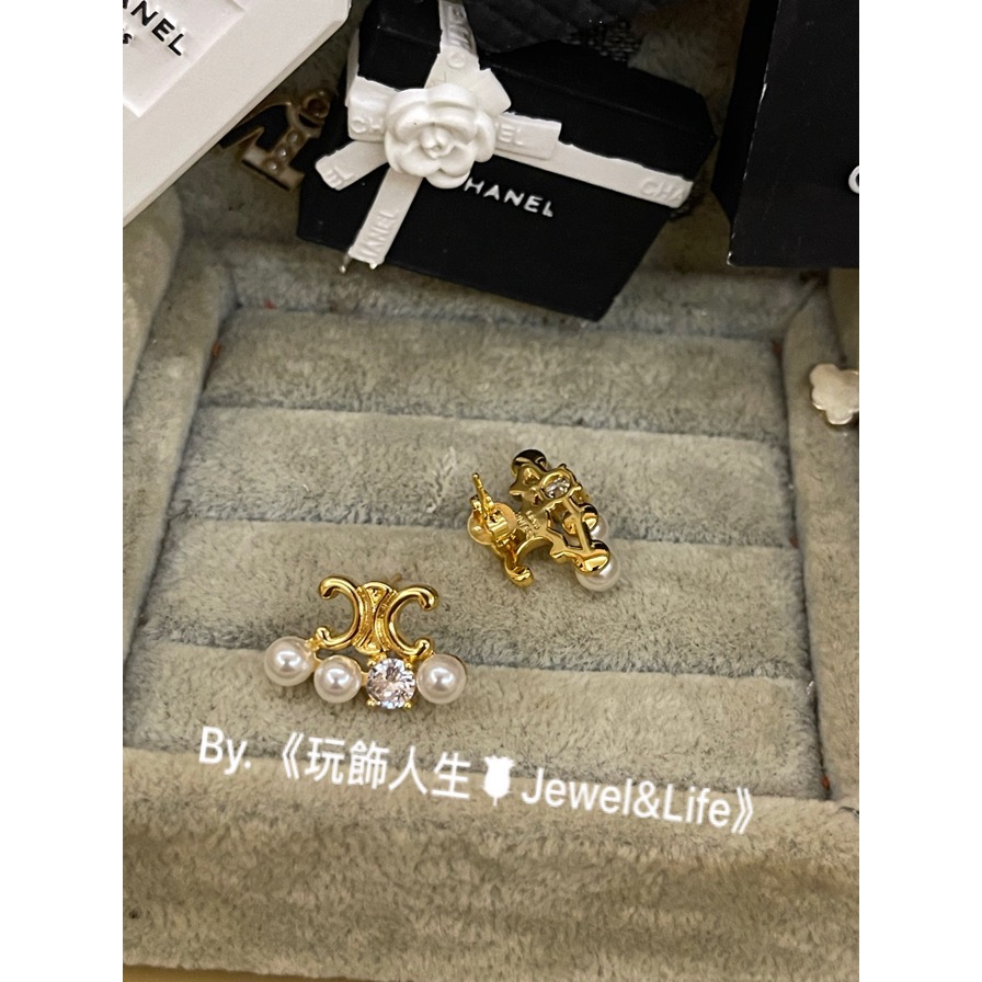 品牌經典💯CELINE 凱旋門 LOGO 扇形 水鑽 珍珠 迷你 金色 二手 造型 耳環-細節圖7