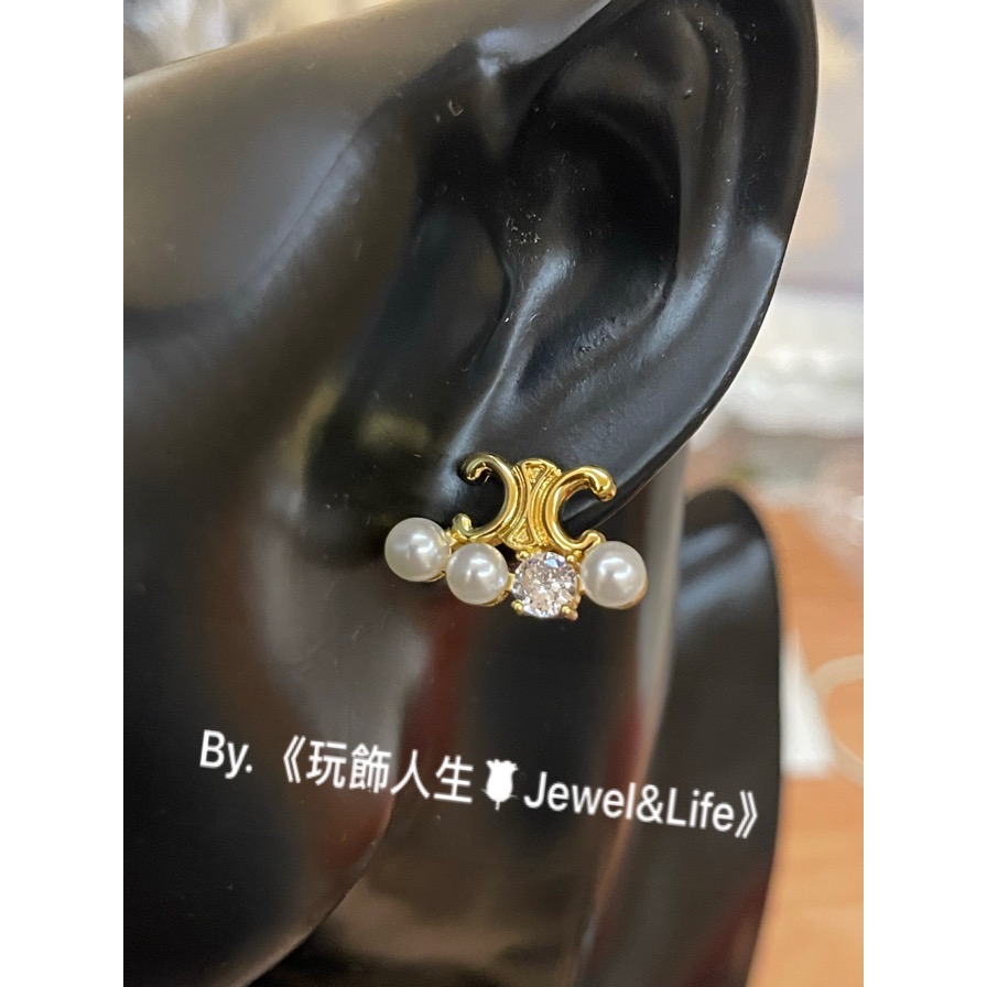 品牌經典💯CELINE 凱旋門 LOGO 扇形 水鑽 珍珠 迷你 金色 二手 造型 耳環-細節圖9