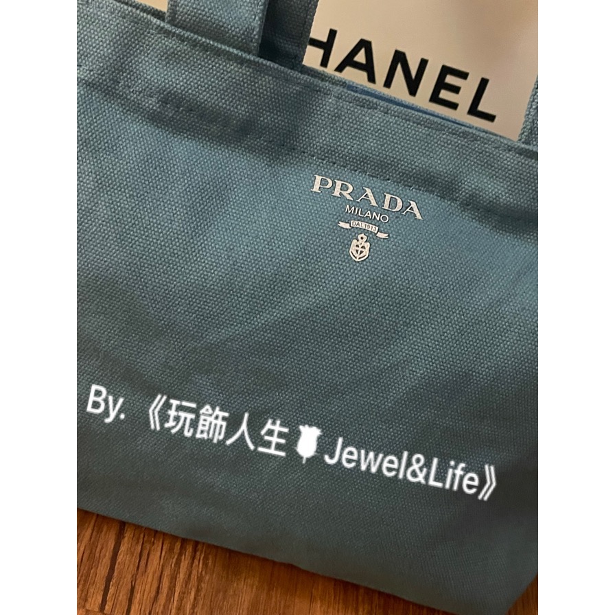 品牌VIP經典滿額贈品系列💯 PRADA 超美 牛仔藍色 燙銀LOGO 全新 便當袋、手提包、隨身包-細節圖2