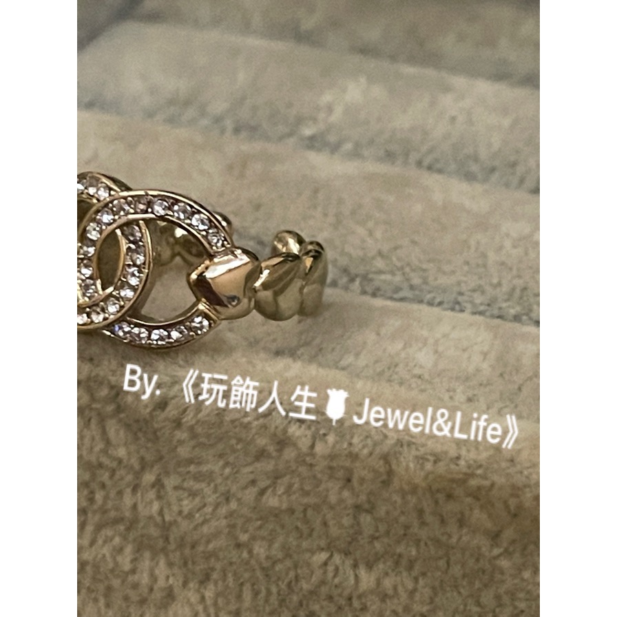 品牌經典💯 甜美 愛心鍊條 Chanel 水鑽雙C 淡金色 二手 造型 開口戒 戒指-細節圖3