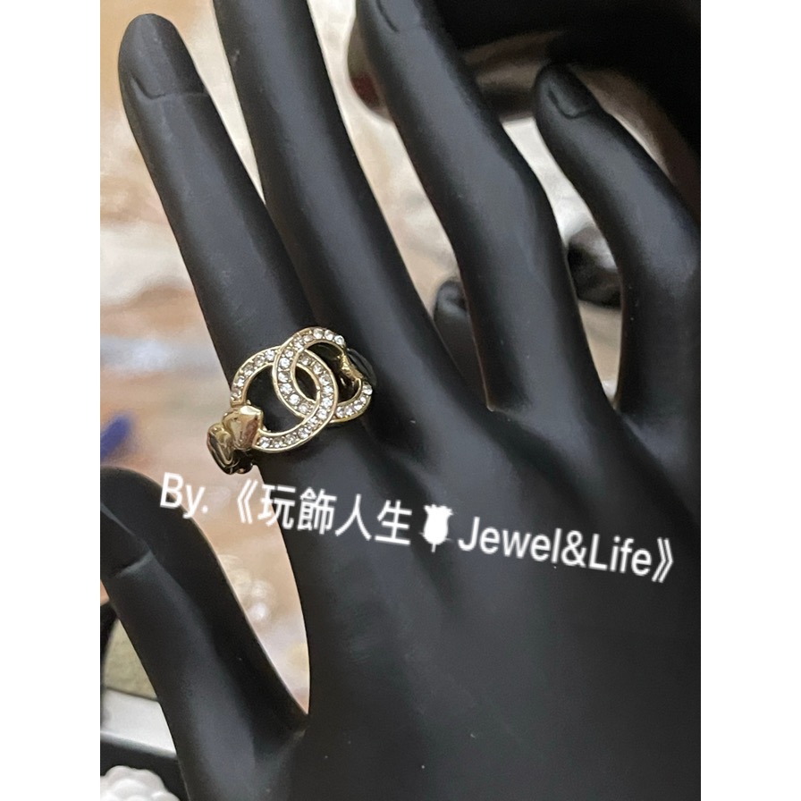 品牌經典💯 甜美 愛心鍊條 Chanel 水鑽雙C 淡金色 二手 造型 開口戒 戒指-細節圖4