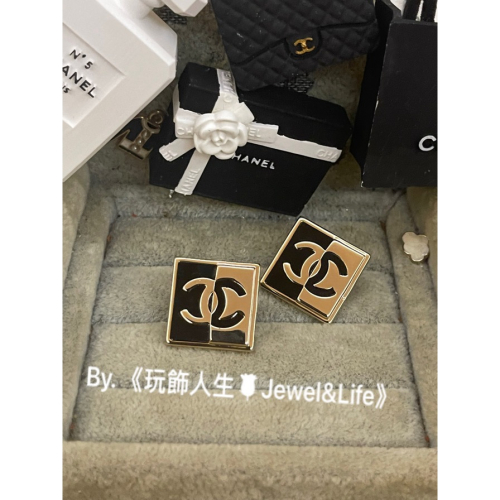 品牌經典💯 基本款 方形 超美 百搭 黑琺瑯 金色 Chanel 全金屬 雙C 大LOGO 二手 造型 耳環