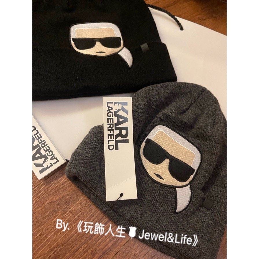 品牌系列💯KARL LAGERFELD 卡爾 經典老佛爺 立體刺繡LOGO 黑 灰 毛帽 毛線帽-細節圖3